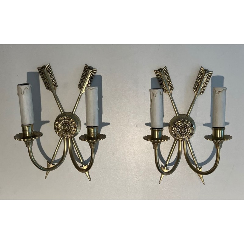 Pair of Empire Style Bronze Crossed-Arrow Wall Sconces | French Work, circa 1950