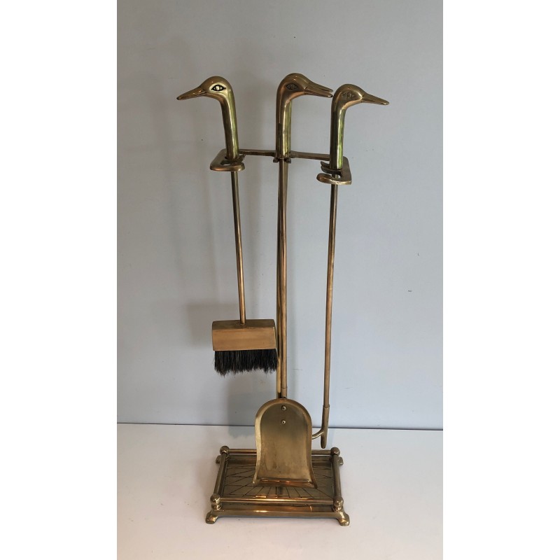 Nécessaire de Feu en Laiton à Têtes de Canards, Style Néoclassique, Travail Français, Vers 1970