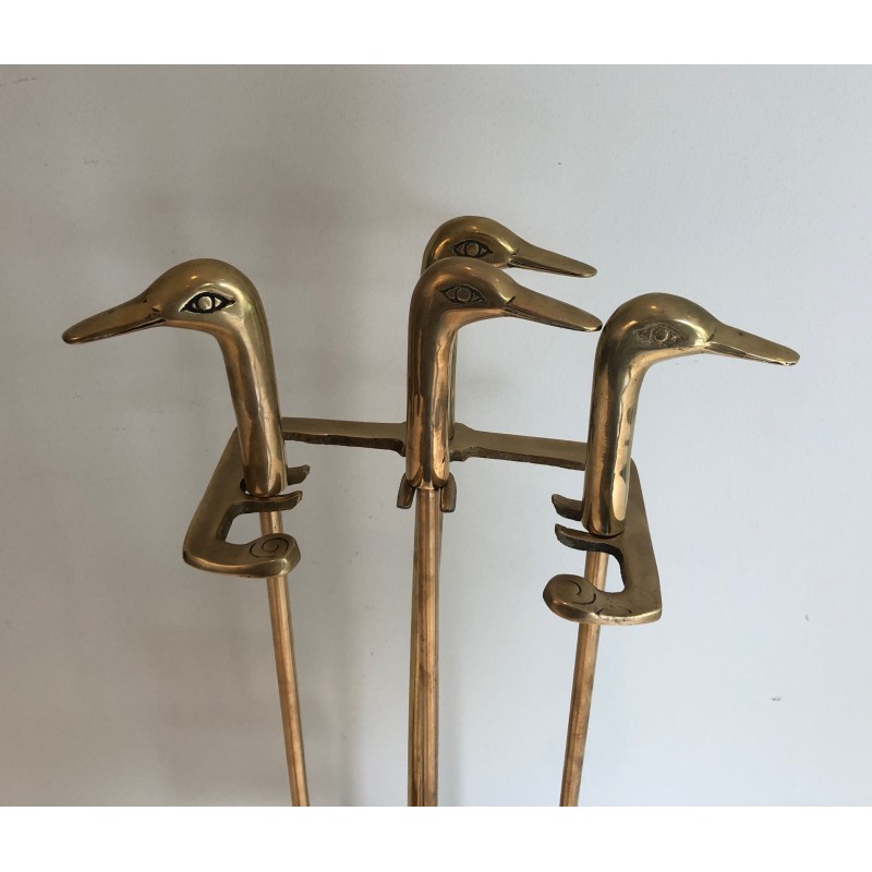 Neoclassical Style Brass Fireplace Tools with Duck Head Handles, French Work, circa 1970