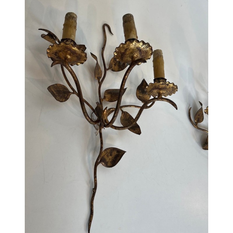 Pair of Gilt Metal Three-Arm Wall Sconces with Leaf Décor | French Work, circa 1970