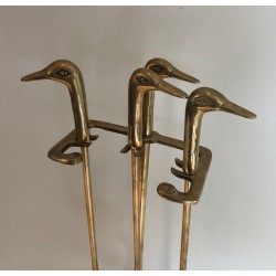 Nécessaire de Feu en Laiton à Têtes de Canards, Style Néoclassique, Travail Français, Vers 1970