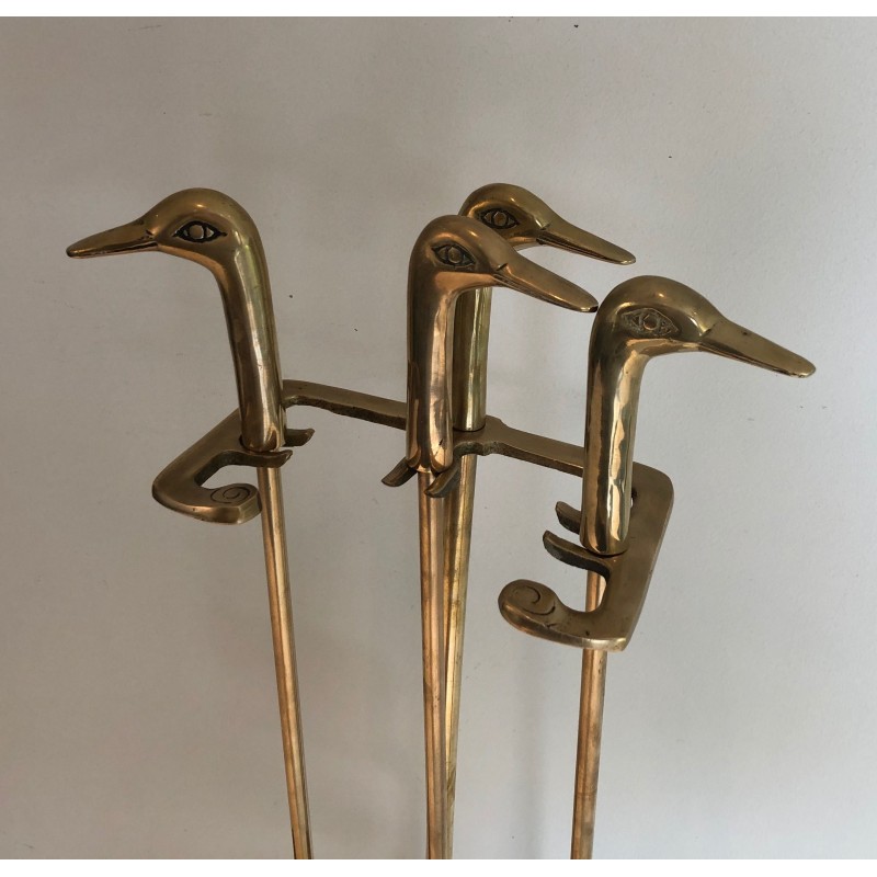 Neoclassical Style Brass Fireplace Tools with Duck Head Handles, French Work, circa 1970