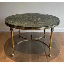 Round Bronze and Brass Coffee Table with Green Marble Top by Maison Jansen, circa 1940