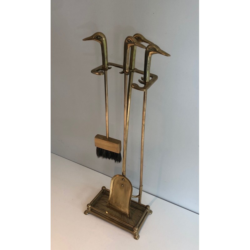 Neoclassical Style Brass Fireplace Tools with Duck Head Handles, French Work, circa 1970