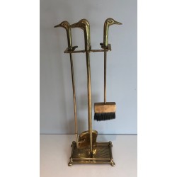 Nécessaire de Feu en Laiton à Têtes de Canards, Style Néoclassique, Travail Français, Vers 1970