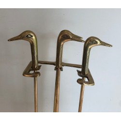 Nécessaire de Feu en Laiton à Têtes de Canards, Style Néoclassique, Travail Français, Vers 1970