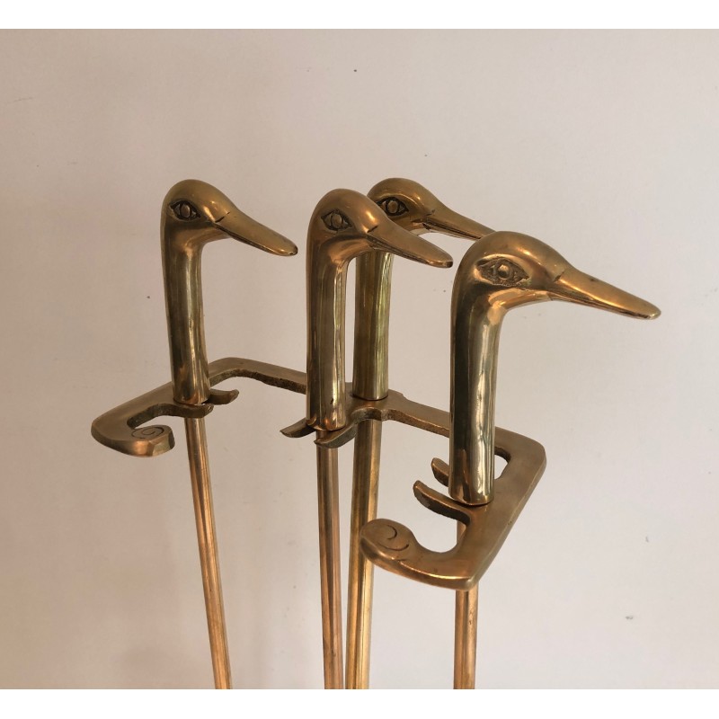 Nécessaire de Feu en Laiton à Têtes de Canards, Style Néoclassique, Travail Français, Vers 1970