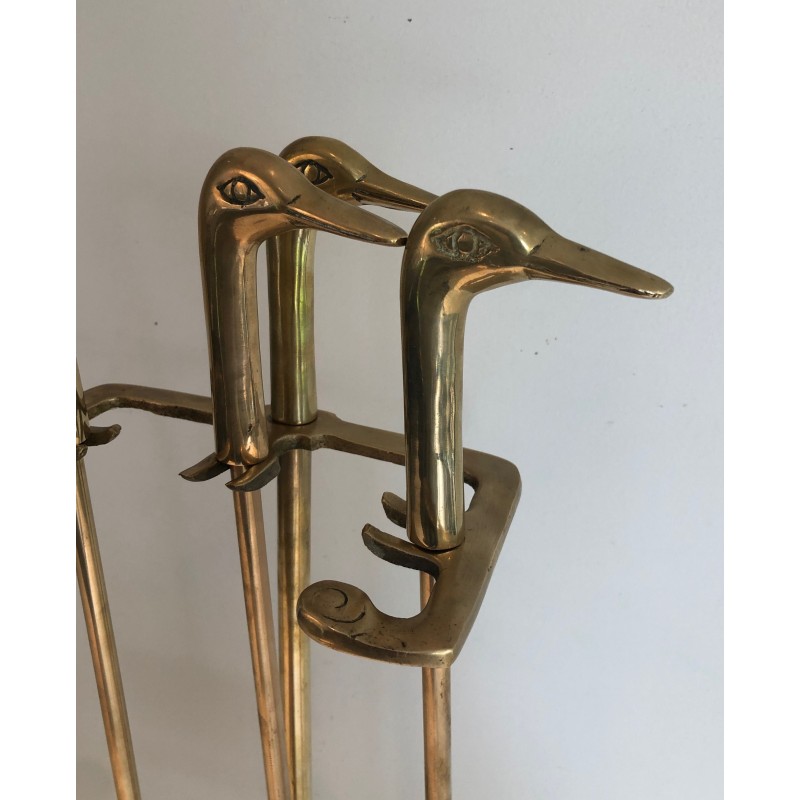 Neoclassical Style Brass Fireplace Tools with Duck Head Handles, French Work, circa 1970
