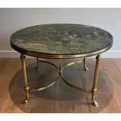 Table Basse Ronde en Bronze et Laiton à Plateau de Marbre Vert, Maison Jansen, Vers 1940
