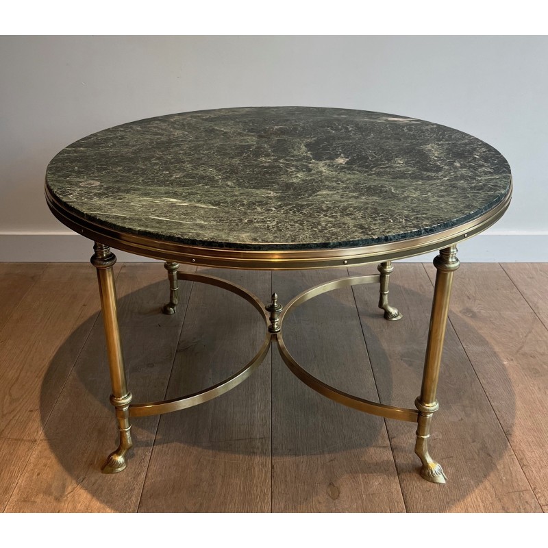 Table Basse Ronde en Bronze et Laiton à Plateau de Marbre Vert, Maison Jansen, Vers 1940