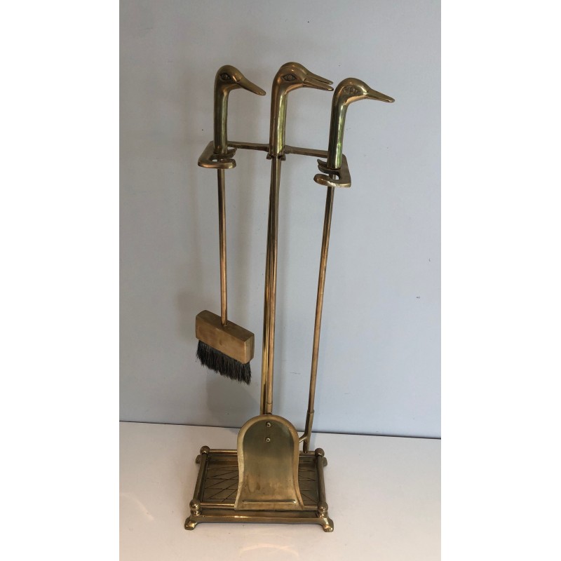 Neoclassical Style Brass Fireplace Tools with Duck Head Handles, French Work, circa 1970