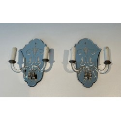 Pair of Murano Art Déco Wall Lights with Engraved Mirror and Crystal | circa 1940