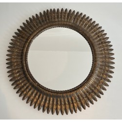 Miroir Soleil Rond en Métal Doré, Travail Français, Vers 1940