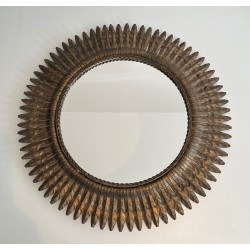 Gilt Metal Round Sunburst Mirror, French Work, circa 1940