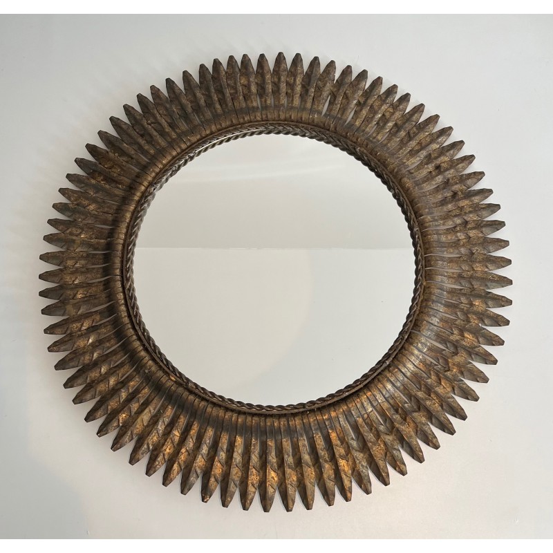 Gilt Metal Round Sunburst Mirror, French Work, circa 1940