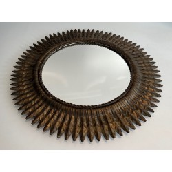 Miroir Soleil Rond en Métal Doré, Travail Français, Vers 1940