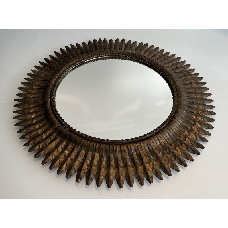 Miroir Soleil Rond en Métal Doré, Travail Français, Vers 1940