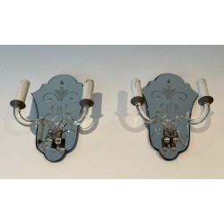 Paire d'Appliques Murano Art Déco en Miroir Gravé et Cristal | vers 1940