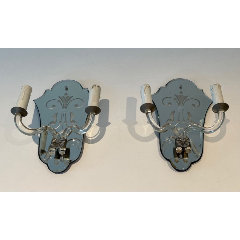 Pair of Murano Art Déco Wall Lights with Engraved Mirror and Crystal | circa 1940