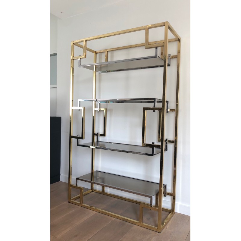Chrome and Gilt Chrome Shelving Unit, French Work in the Style of Willy Rizzo, circa 1970