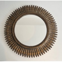 Miroir Soleil Rond en Métal Doré, Travail Français, Vers 1940