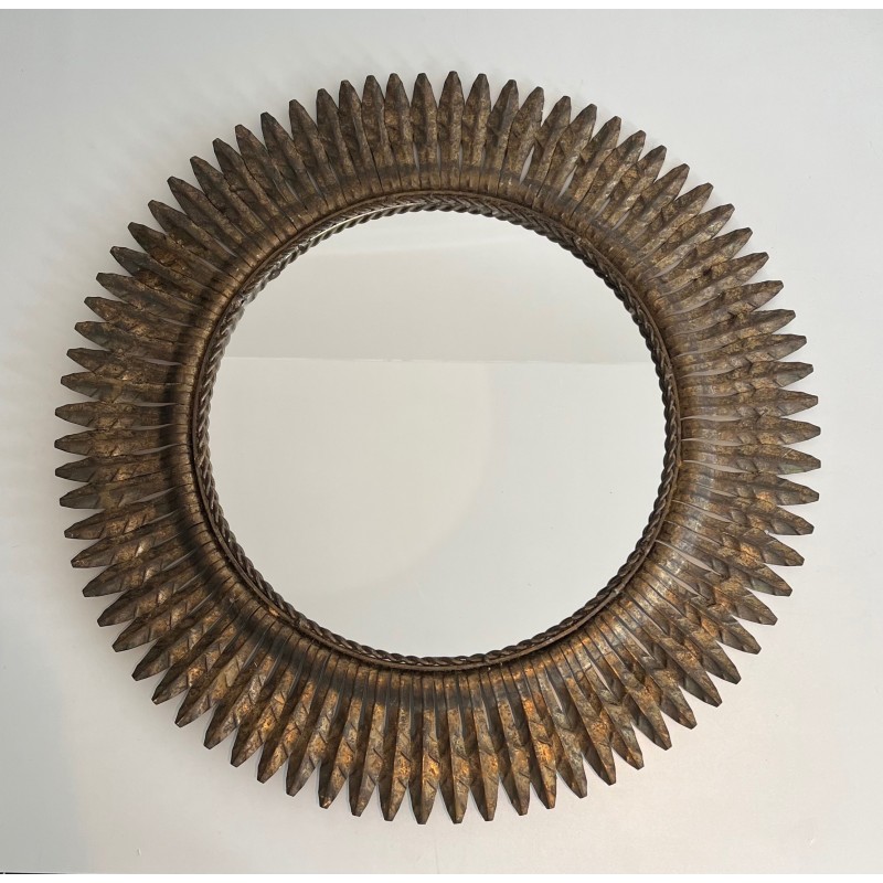 Gilt Metal Round Sunburst Mirror, French Work, circa 1940