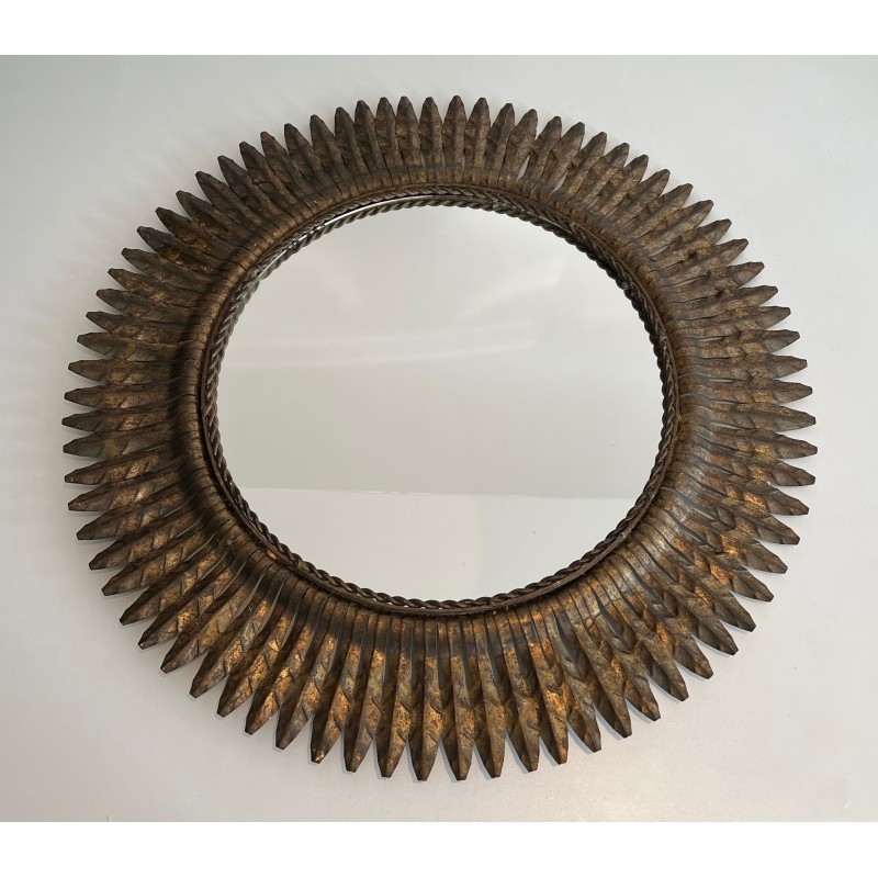 Gilt Metal Round Sunburst Mirror, French Work, circa 1940