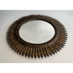 Miroir Soleil Rond en Métal Doré, Travail Français, Vers 1940