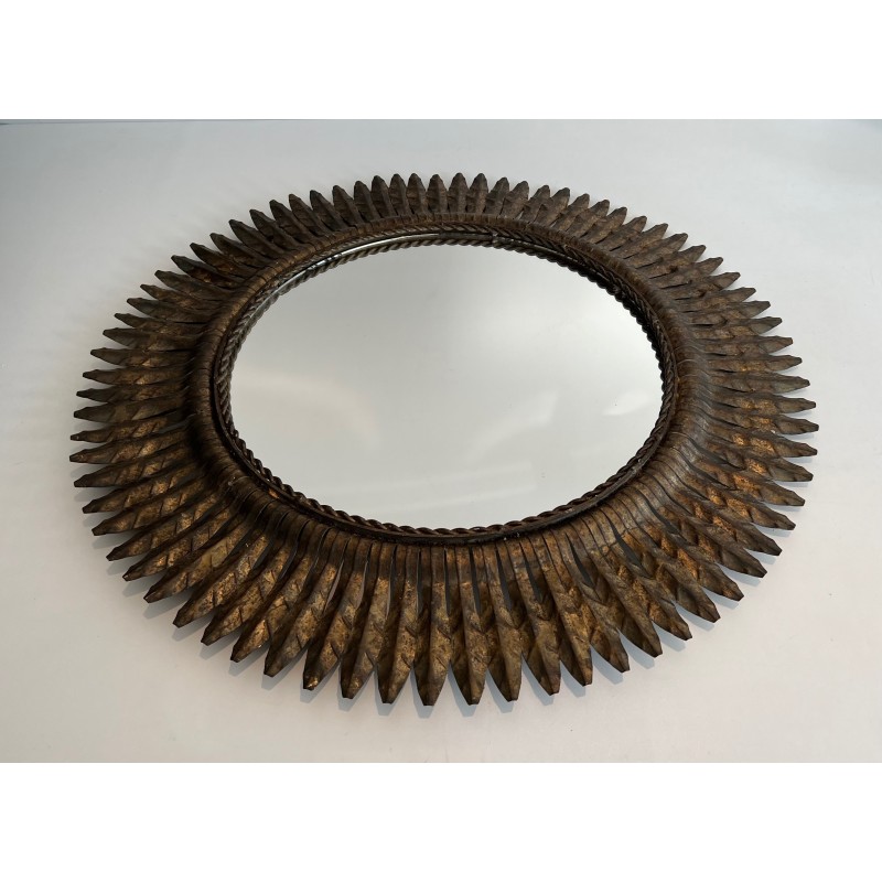 Miroir Soleil Rond en Métal Doré, Travail Français, Vers 1940