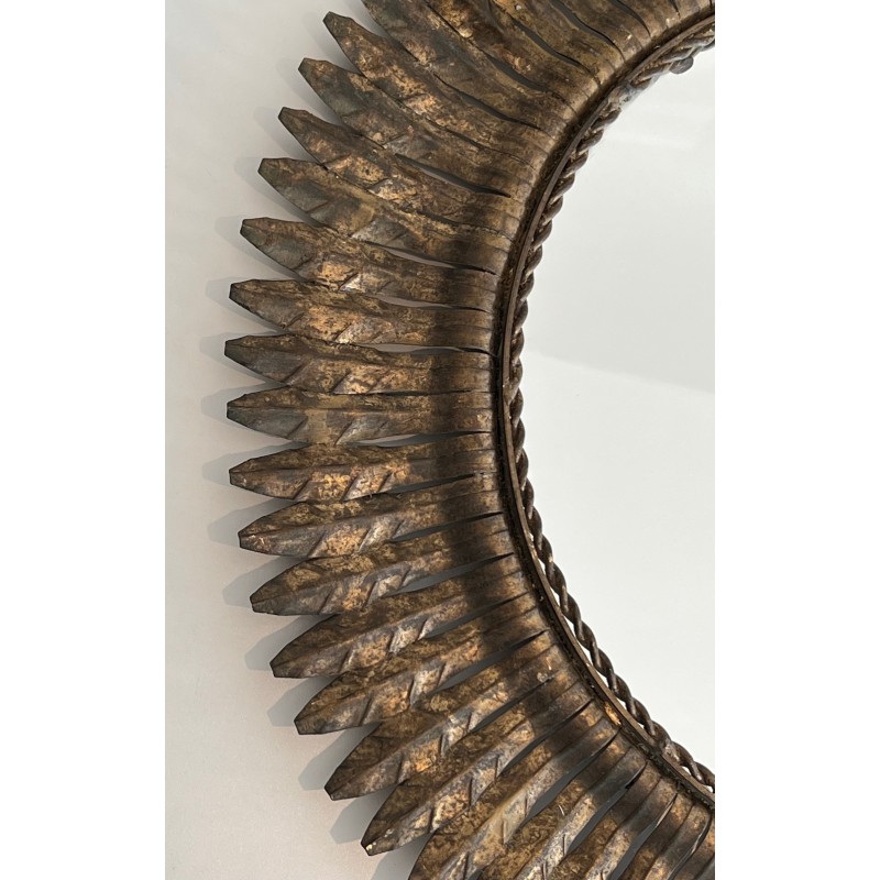 Miroir Soleil Rond en Métal Doré, Travail Français, Vers 1940