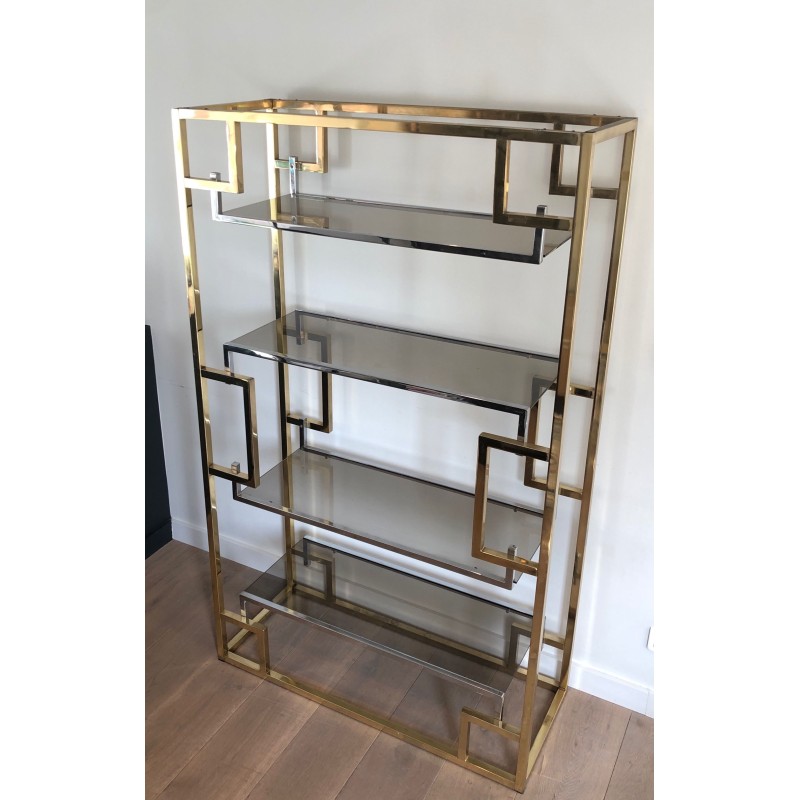 Chrome and Gilt Chrome Shelving Unit, French Work in the Style of Willy Rizzo, circa 1970