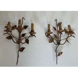 Pair of Gilt Metal Three-Arm Wall Sconces with Leaf Décor | French Work, circa 1970