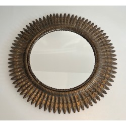 Gilt Metal Round Sunburst Mirror, French Work, circa 1940