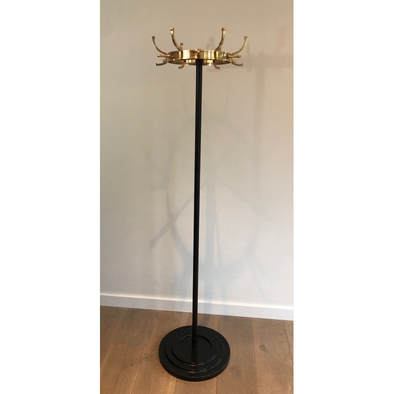Black Lacquered Metal and Brass Coat Rack by Jacques Adnet, circa 1950