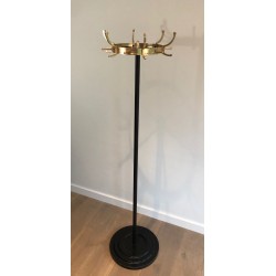 Black Lacquered Metal and Brass Coat Rack by Jacques Adnet, circa 1950