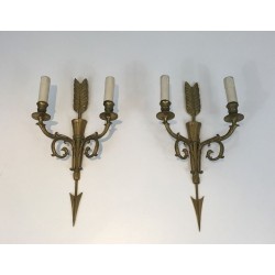 Pair of Bronze Wall Sconces with Quiver, Arrow and Eagle Heads | French Work, circa 1920