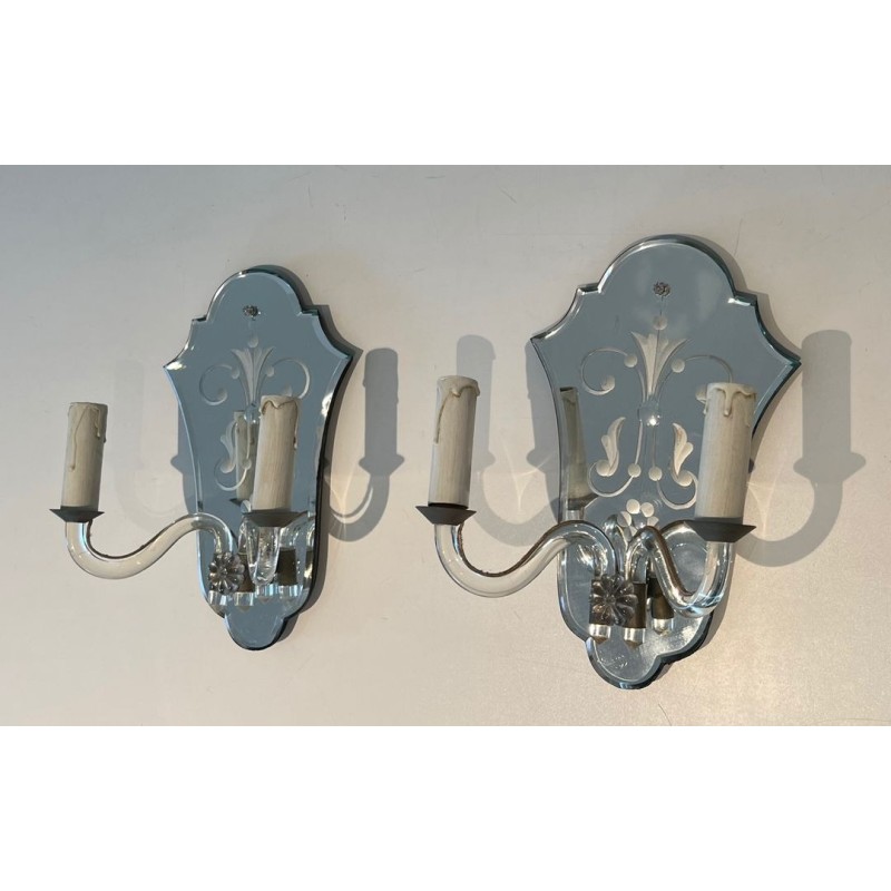 Pair of Murano Art Déco Wall Lights with Engraved Mirror and Crystal | circa 1940