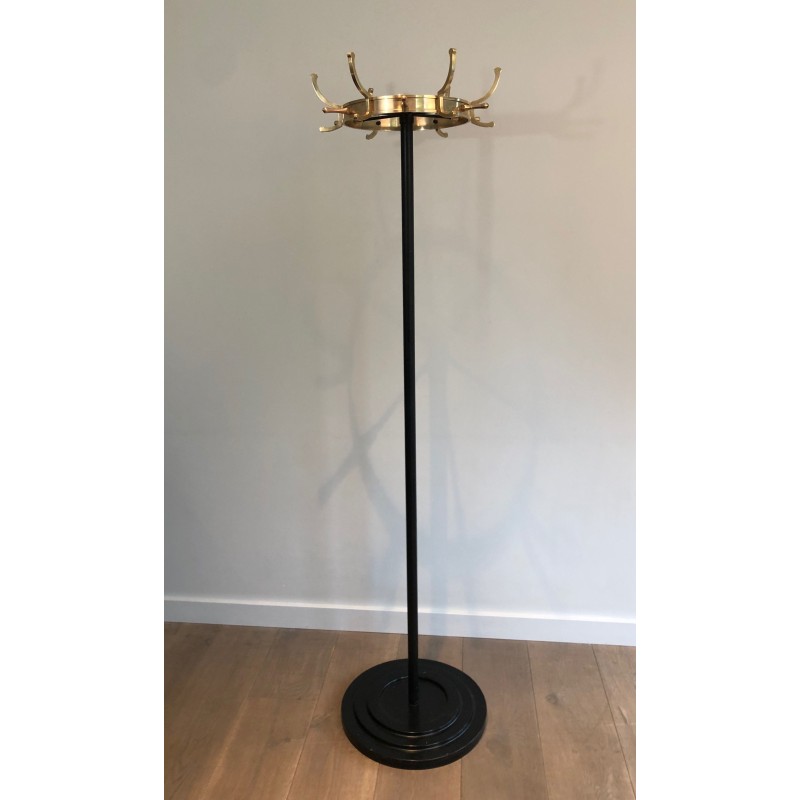 Black Lacquered Metal and Brass Coat Rack by Jacques Adnet, circa 1950