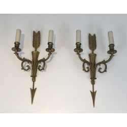 Pair of Bronze Wall Sconces with Quiver, Arrow and Eagle Heads | French Work, circa 1920