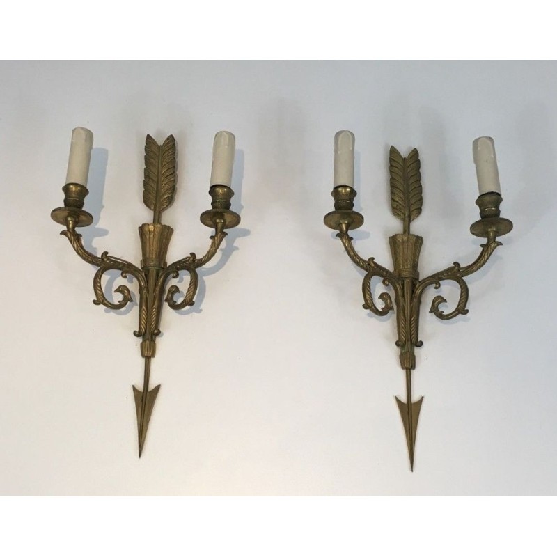 Paire de Grandes Appliques Bronze au Carquois, Flèche et Tête d'Aigle | vers 1920