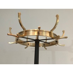 Black Lacquered Metal and Brass Coat Rack by Jacques Adnet, circa 1950