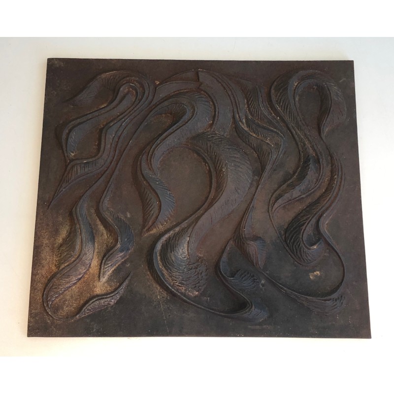 Plaque de Cheminée Moderniste en Fonte, Travail Français, Vers 1950