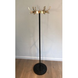 Black Lacquered Metal and Brass Coat Rack by Jacques Adnet, circa 1950