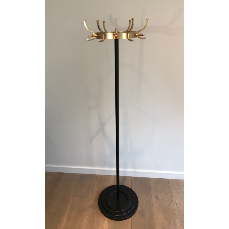 Black Lacquered Metal and Brass Coat Rack by Jacques Adnet, circa 1950