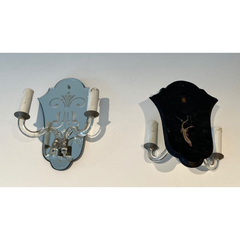 Paire d'Appliques Murano Art Déco en Miroir Gravé et Cristal | vers 1940