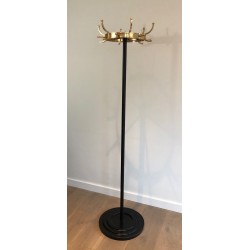 Black Lacquered Metal and Brass Coat Rack by Jacques Adnet, circa 1950