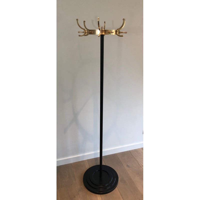 Black Lacquered Metal and Brass Coat Rack by Jacques Adnet, circa 1950