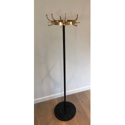 Black Lacquered Metal and Brass Coat Rack by Jacques Adnet, circa 1950