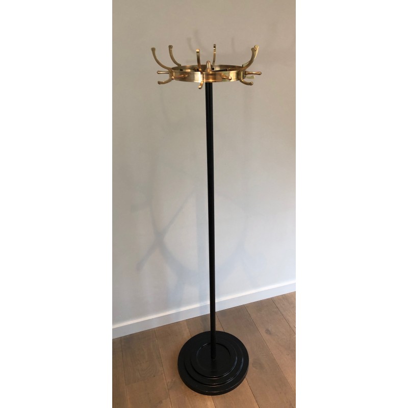 Black Lacquered Metal and Brass Coat Rack by Jacques Adnet, circa 1950