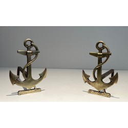 Pair of Brass Boat Anchor Andirons, French Work, circa 1970